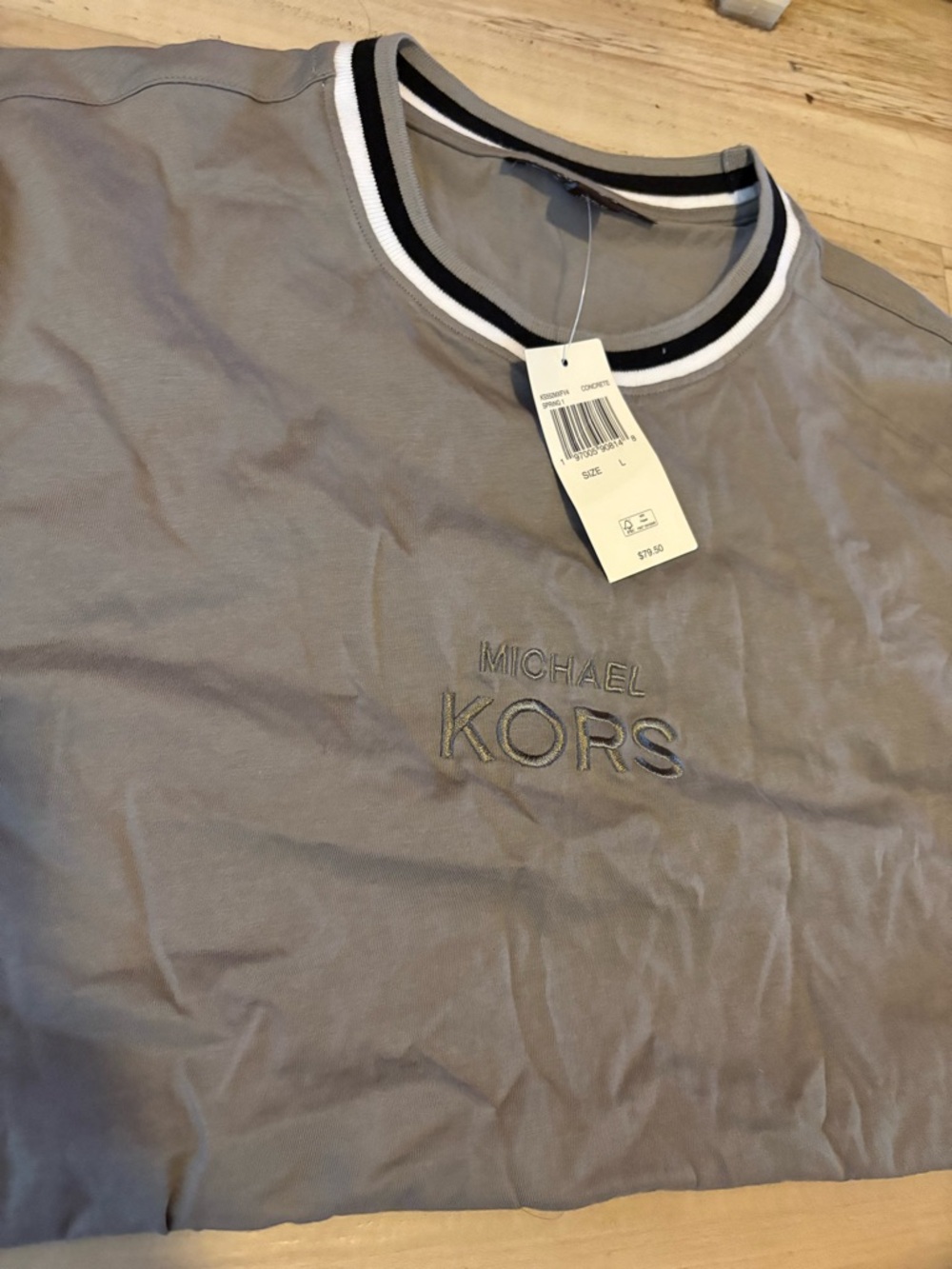 Michael Kors Gray Embroidered Logo Crew Tee with Striped Neck
